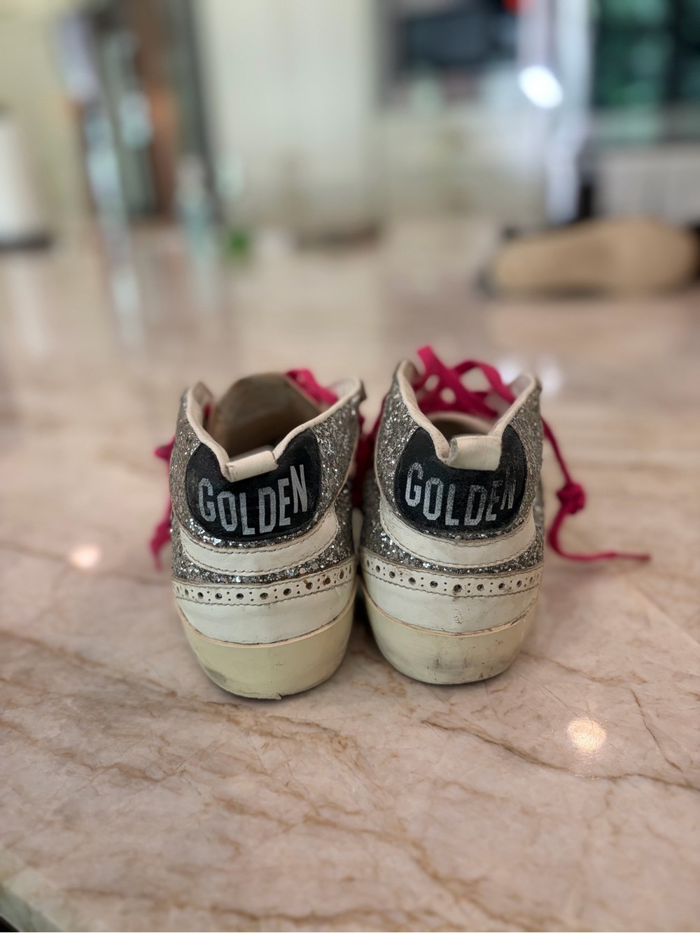 Golden Goose Silver Glitter High-Top Sneakers with Pink Laces - Picture 2 of 2